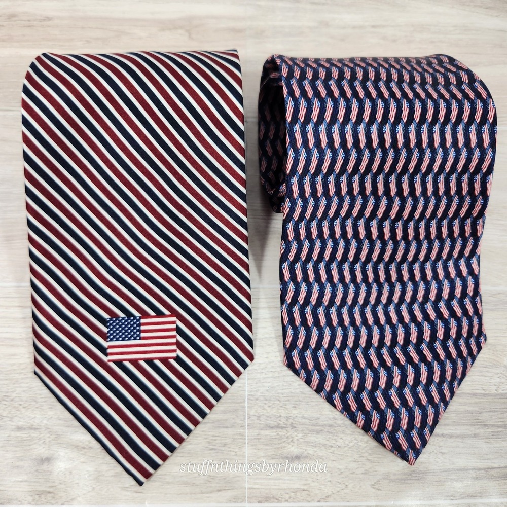 2 Stonehenge Men's Neckties Silk Red White Blue USA Flag Stripes Patriotic Ties